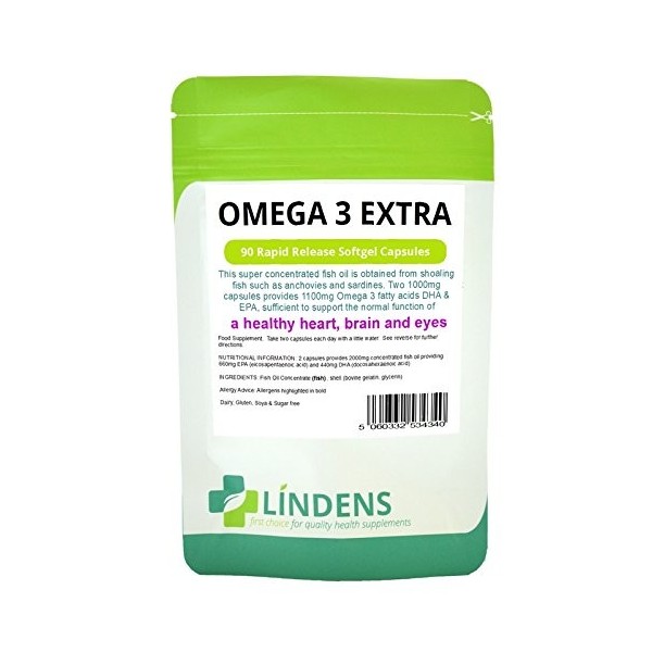 Lindens Omega 3 huile de poisson supplémentaires 1000mg 3-Pacquet 270 gélules Super Concentré