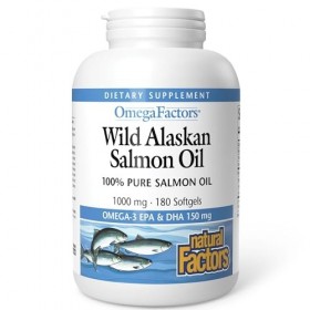 Natural Factors, Wild Alaskan Salmon Oil Huile de Saumon Sauvage dAlaska , 1000mg, avec EPA et DHA, 180 Capsules molles, Te