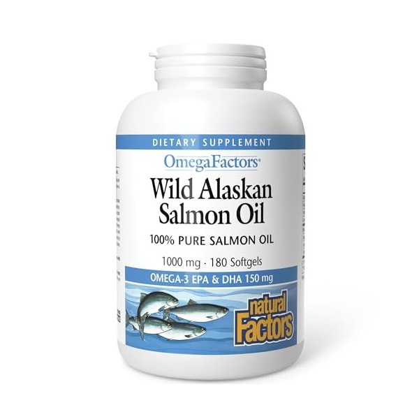 Natural Factors, Wild Alaskan Salmon Oil Huile de Saumon Sauvage dAlaska , 1000mg, avec EPA et DHA, 180 Capsules molles, Te