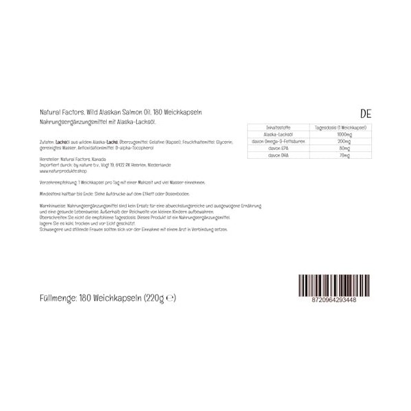 Natural Factors, Wild Alaskan Salmon Oil Huile de Saumon Sauvage dAlaska , 1000mg, avec EPA et DHA, 180 Capsules molles, Te