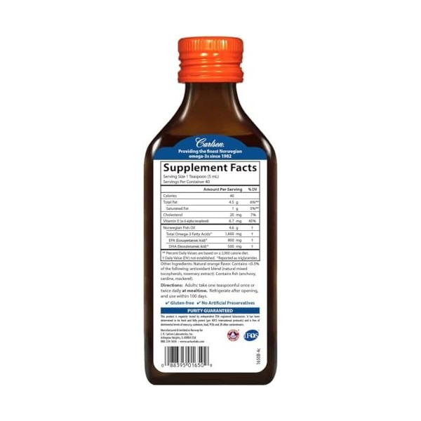 Carlson, lhuile de poisson la plus fine, provenant de sources durables en Norvège avec 1600 mg doméga-3, orange, 200 ml