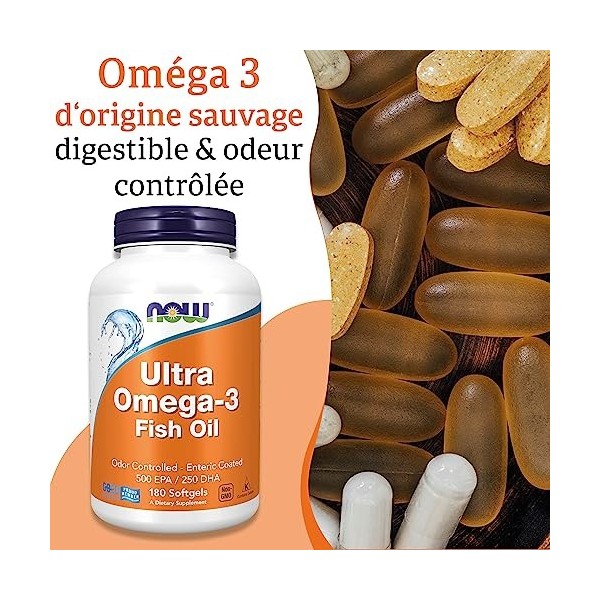 Now Foods, Ultra Omega-3, 500 EPA / 250 DHA, 180 Gélules, Testé en Laboratoire, Huile de Poisson, Sans Gluten, Sans OGM