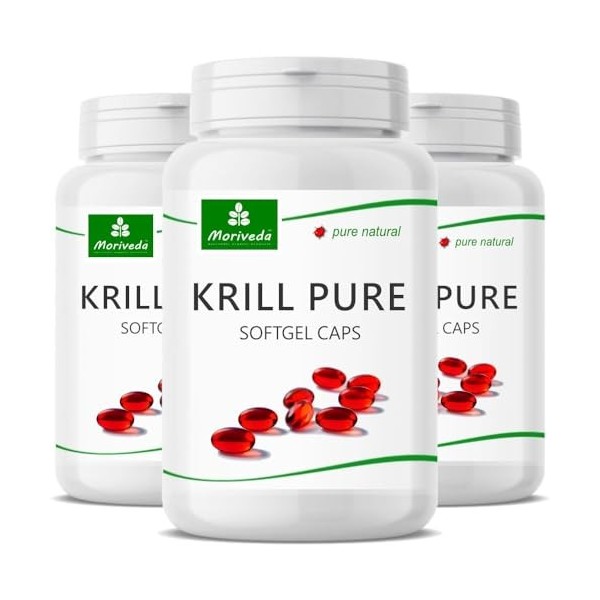 MoriVeda PURE Antarctic Krill Oil Capsules 500mg, 3x 90 pièces, avec oméga 3, EPA, DHA, astaxanthine et choline, softgel caps