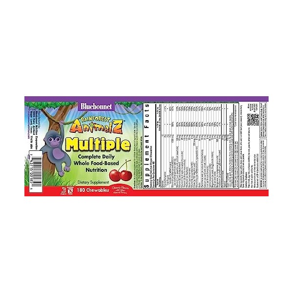 Bluebonnet Nutrition, Animalz Rainforest, à base daliment entier, arôme naturel de cerise, 180 comprimés à croquer