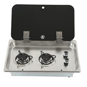 Cuisinière à Gaz à 2 Brûleurs, Table de Cuisson en Acier Inoxydable avec Couvercle en Verre, Tuyau de 1,7 M, Puissance de Feu