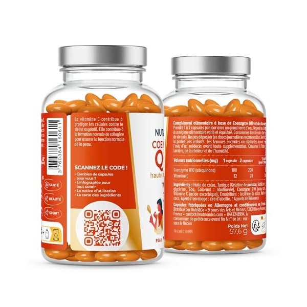 Nutri&Co Coenzyme Q10 - Ubiquinone 200mg - CoQ10 + Vitamine C - Complément Alimentaire Peau Anti-Age & Anti-Rides - Santé Car