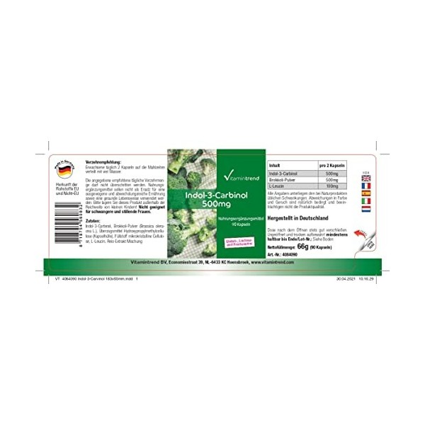 Indol-3-Carbinol 500mg - 90 gélules - Avec poudre de Brocoli Complémentaire - Végan | Vitamintrend®