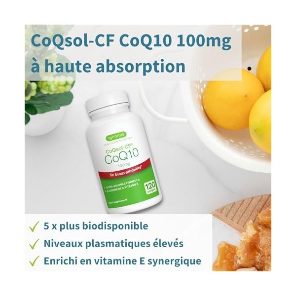 Coenzyme Q10 CoQsol-CF à Haute Absorption, Ultra-Soluble & 5x Biodisponibilité, 120 Gélules, Formule Clean Label, CoQ10 Antio