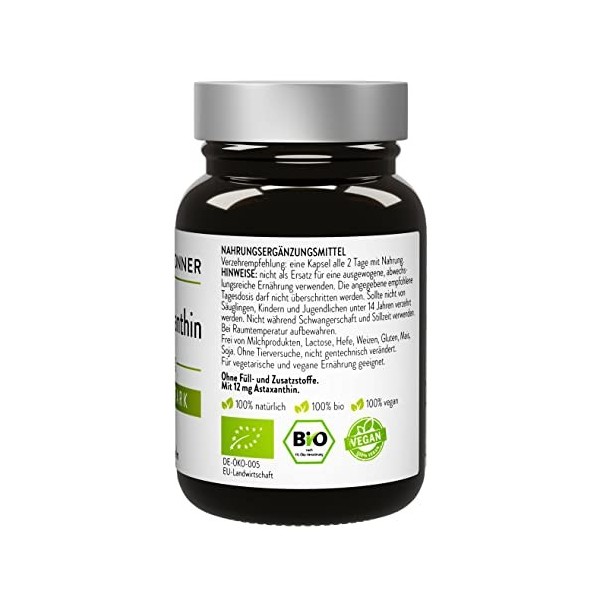 Dr. Heilbronner Astaxanthine bio 12 mg gélules hautement dosées dans un flacon en verre I Antioxydants issus de lalgue vital