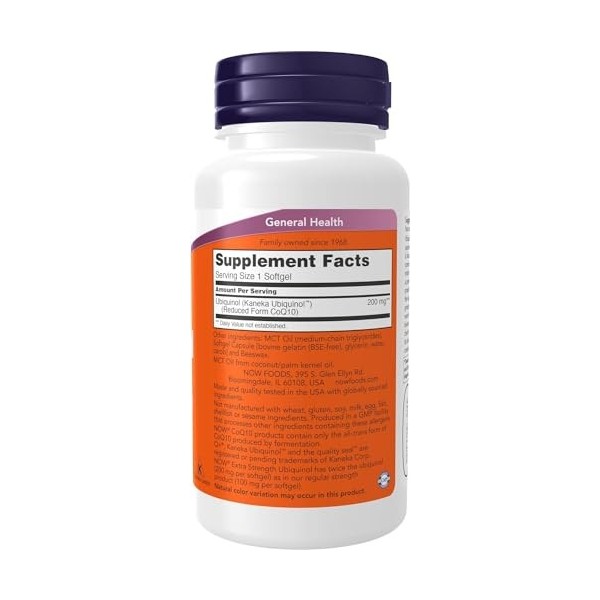 Now Supplements, Ubiquinol, forme active de CoQ10, 200 mg, 60 gélules molles, testé en laboratoire, sans gluten, sans soja, s