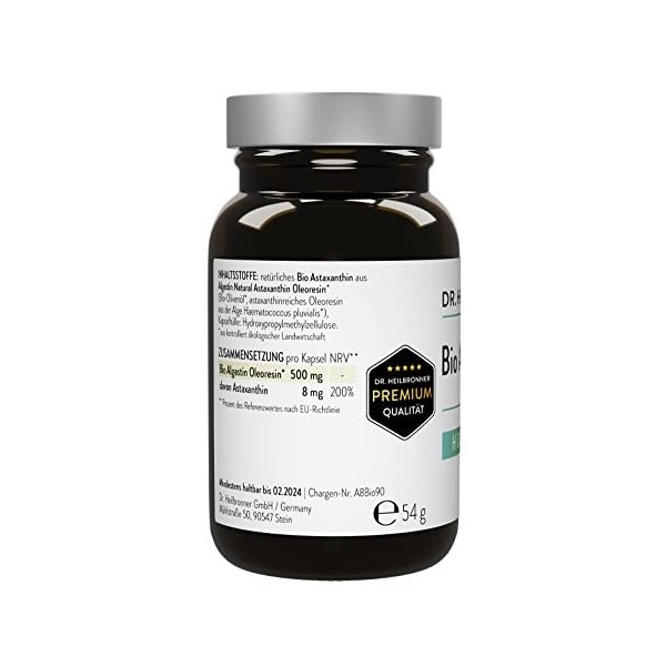 Dr. Heilbronner Capsules dastaxanthine bio 8 mg hautement dosées dans un flacon en verre I Antioxydants issus de lalgue vit