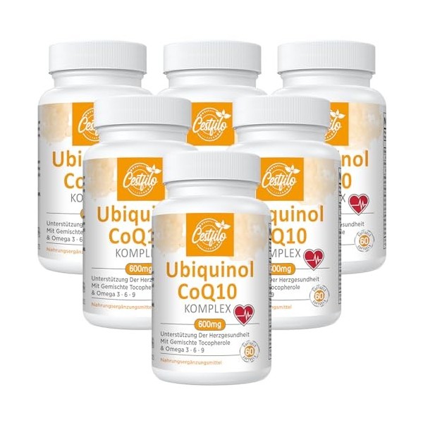 Ubiquinol CoQ10 600 mg gélules softgel - Forme active de CoQ10 plus vitamine E & oméga 3 6 9 - Antioxydant avancé coenzyme Q1