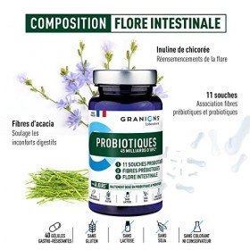 Probiotiques GRANIONS | Complément alimentaire probiotique | 45 Milliards dUFC avec 11 Souches Probiotiques + Fibres Prebiot