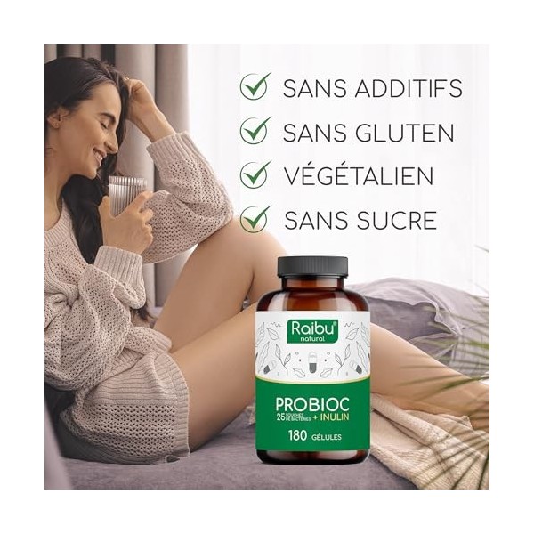 Probiotique Flore Intestinale - 60 Milliards UFC/Jour, 25 Souches de Bactéries con Inulina, 180 gélules - Concentration Maxim