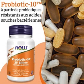 Now Foods, Probio-10, 10 Souches de Bactéries, 25 Milliards de Cultures Bactériennes, 50 Capsules végétaliennes, Testé en Lab