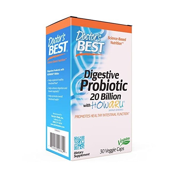 Doctors Best Digestive Probiotic, 20 Billion with Howaru, 30 Gélules Végétaliennes, Testé en Laboratoire, Sans Gluten, Sans 