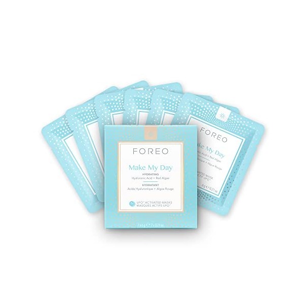 FOREO Masque Actif UFO Make My Day pour peau sèche et déshydratée, pack de 7, hydratant et anti-pollution, acide hyaluronique