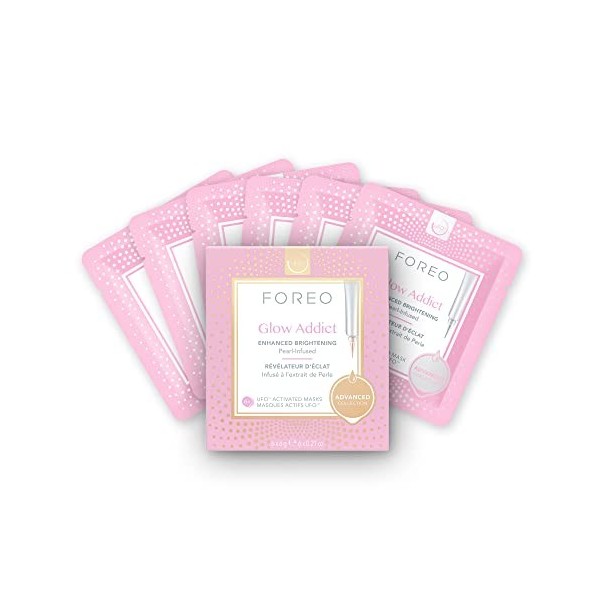 FOREO Masque actif UFO Glow Addict pour peau terne, pack de 6, éclat, extrait de perle et vitamine E, formule propre, cruelty