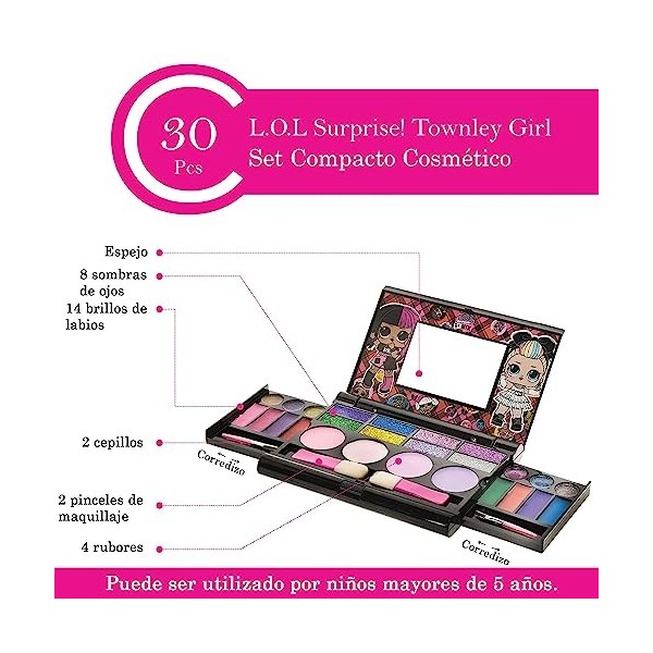 L.O.L Surprise! Townley Girl cosmétiques compactset avec miroir 14 brillants à lèvres, 4 shines corps, 4 brosses coloré marqu