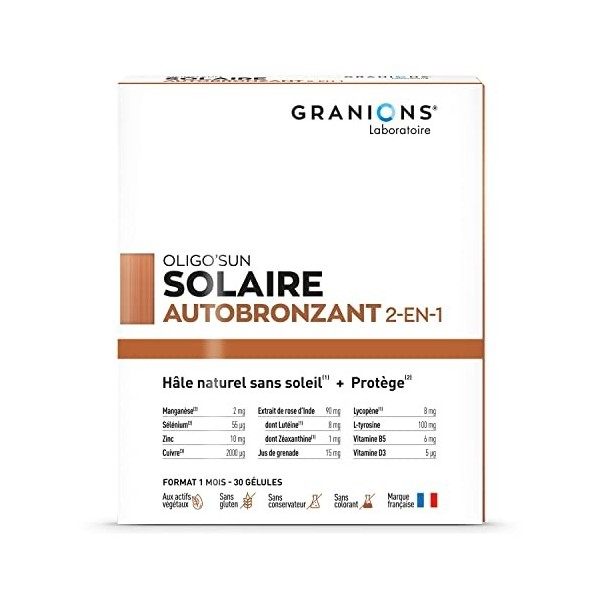 BRONZAGE | Autobronzant gelule 2-EN-1 GRANIONS | Complément alimentaire accelerateur bronzage | Protège | Formule Enrichie en