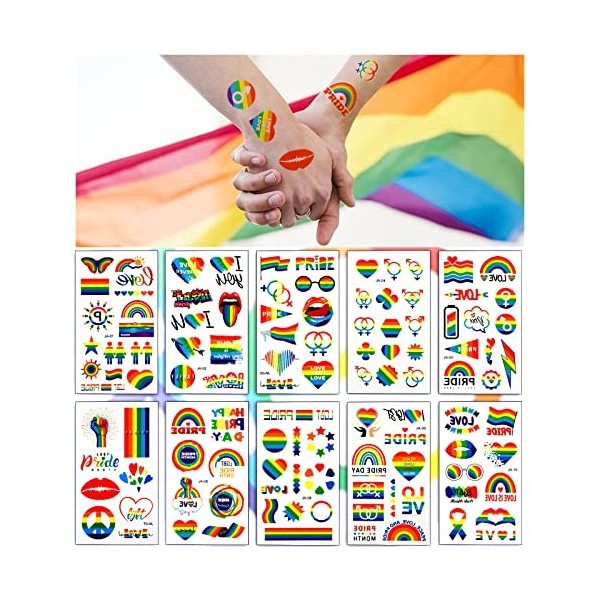 PHOGARY Tatouages Temporaires LGBT 10 Feuilles, 112 Pcs Tatouages Arc-en-Ciel, Tatouages Fierté LGBT Autocollants de Tatoua