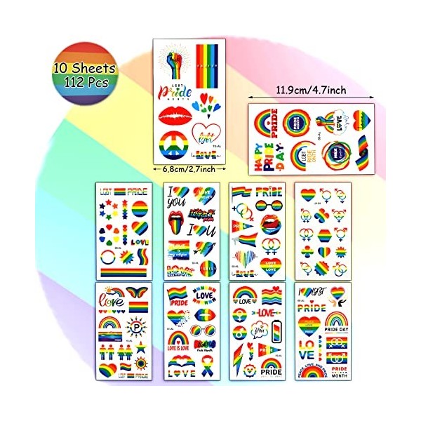 PHOGARY Tatouages Temporaires LGBT 10 Feuilles, 112 Pcs Tatouages Arc-en-Ciel, Tatouages Fierté LGBT Autocollants de Tatoua