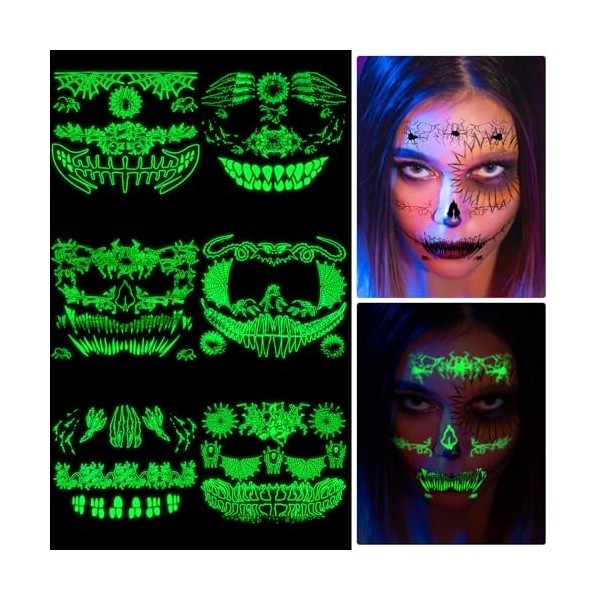 TIESOME Glow In The Dark Halloween Visage Tatouages ​​temporaires, 6 feuilles lumineuses Autocollants de tatouage dhorreur H