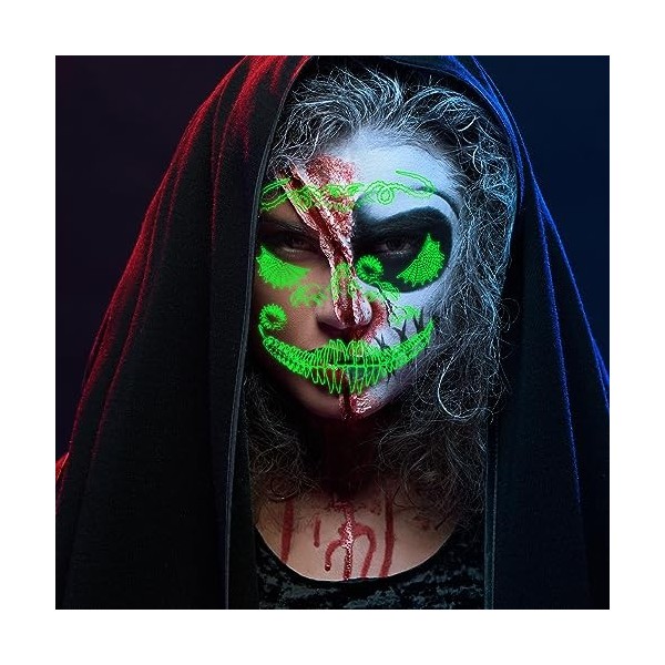 TIESOME Glow In The Dark Halloween Visage Tatouages ​​temporaires, 6 feuilles lumineuses Autocollants de tatouage dhorreur H