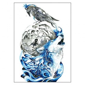 Tatouage temporaire - Motif loup et corbeau - Aquarelle - Faux corbeau - KM176