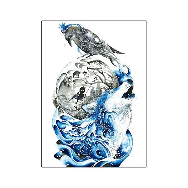 Tatouage temporaire - Motif loup et corbeau - Aquarelle - Faux corbeau - KM176