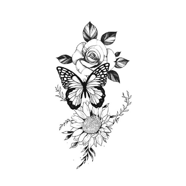 Faux tatouage papillon avec fleurs - Tatouage rose - Tournesols - XQB505