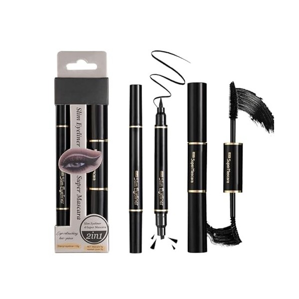 Mascara double tête 10 g + Seal Eyeliner Liquid Pen 1,6 g Combinaison Combinaison Bouclé et non bavure Glitter Mascara Noir,