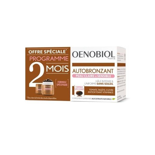 OENOBIOL - Compléments Alimentaires - Autobronzant - Peaux Sensibles et Claires - Visage et Corps - Programme 2 mois - Lot de