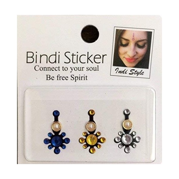 Bindi BD16 Lot de 3 autocollants style bohème et tribal Bleu/jaune transparent