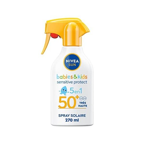 NIVEA SUN Pistolet solaire Babies & Kids Sensitive Protect FPS 50+ 1 x 270 ml , Spray solaire ultra résistant à l’eau, Crème