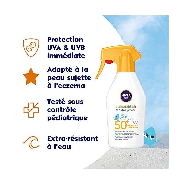 NIVEA SUN Pistolet solaire Babies & Kids Sensitive Protect FPS 50+ 1 x 270 ml , Spray solaire ultra résistant à l’eau, Crème