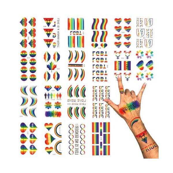 Phogary LGBT Gay Pride Tatouages Temporaires 100+ pcs, 20 feuilles , Tatouages Arc-en-ciel, Stickers imperméables pour la pe