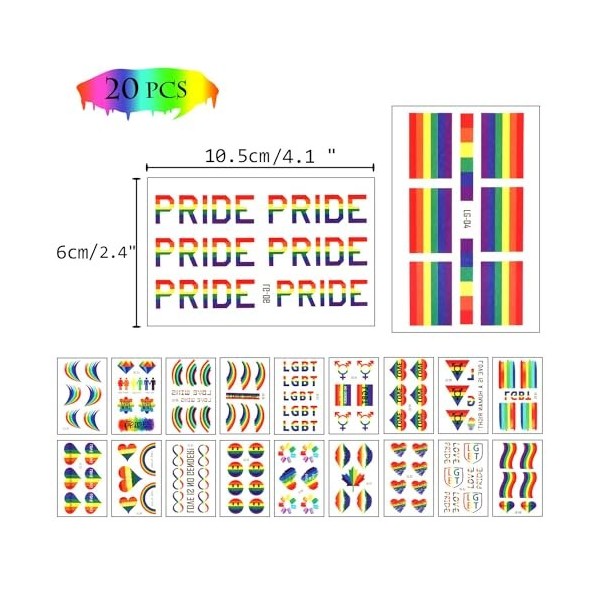 Phogary LGBT Gay Pride Tatouages Temporaires 100+ pcs, 20 feuilles , Tatouages Arc-en-ciel, Stickers imperméables pour la pe