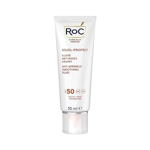 RoC - Soleil-Protect Anti-Rides Fluide Lissant SPF 50 - Hydratant pour le Visage - Réduit les Rides - Crème Solaire - Résista