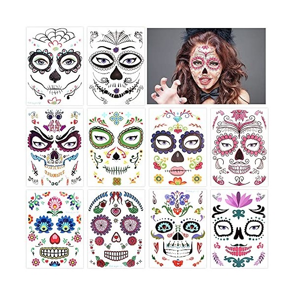 Temporaire Tatouage Visage 10 Pcs Tatouage Éphémère Visage Halloween Imperméable Effroyable Autocollant Tatouage Temporaire F