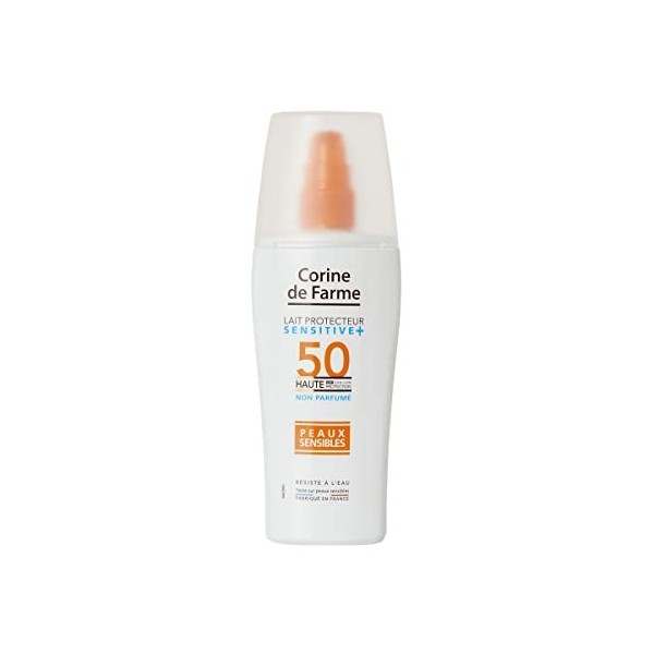 Corine de Farme lait Solaire SPF 50 Sensitive+, Haute Protection, Convient aux Peaux Sensibles, Enrichi en Monoi de Tahiti Hy