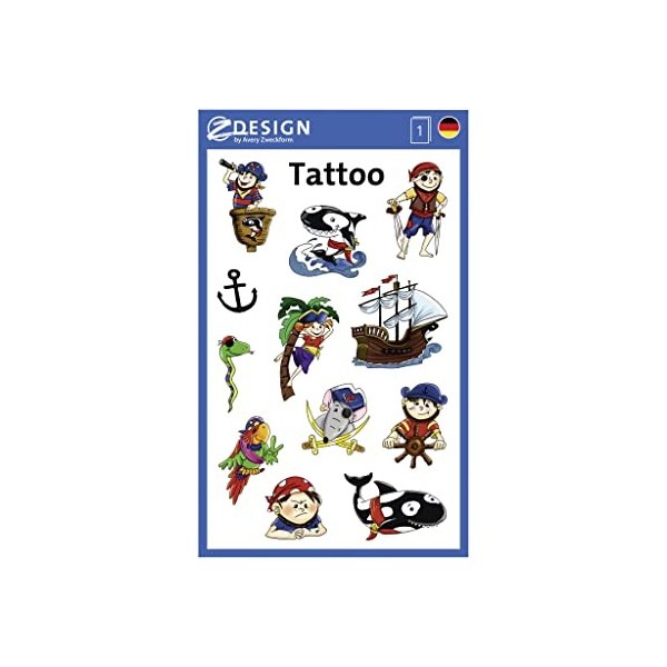 Avery Zweckform 56683 Lot de tatouages pirates temporaires testés sous contrôle dermatologique pour enfants, 12 stickers