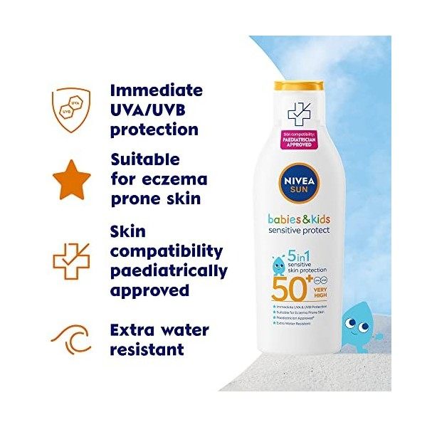 NIVEA SUN Kids Protect & Sensitive Sun Lotion 200ml Sunscreen with SPF 50+, Kids Suncream for Sensitive Skin