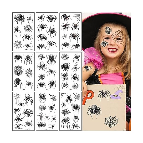 Tatouages Temporaires Halloween Grimace Spider Tattoo Stickers, 10 Feuilles Tatouage de Toile Daraignée Stickers pour les Acc