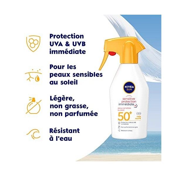 NIVEA SUN Spray solaire Sensitive Protection Immédiate Peaux Sensibles FPS 50+, Protection solaire non grasse et sans parfum,