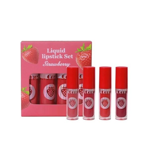 Lot de 4 gloss à lèvres fruités avec revêtement velours et antiadhésif, rouge à lèvres liquide, 3 ml x 4 rouges à lèvres Rose