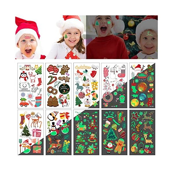 Noël Tatouages Temporaires pour Enfants, 10 Feuilles Brillent dans Le Noir Tattoo Ephémères pour Fille Garçons Noël Tatouage