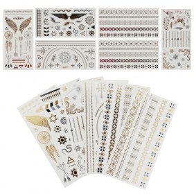 Lot de 6 feuilles de tatouages temporaires métallisés étanches métallisés - Tatouages temporaires - Dorés, argentés et noirs 