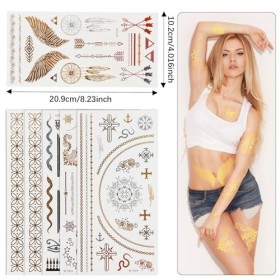 Lot de 6 feuilles de tatouages temporaires métallisés étanches métallisés - Tatouages temporaires - Dorés, argentés et noirs 