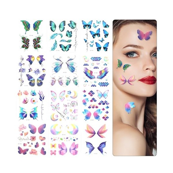 Lot de 100 tatouages temporaires dHalloween pour le visage, 12 feuilles de tatouages à paillettes papillons faux tatouages a